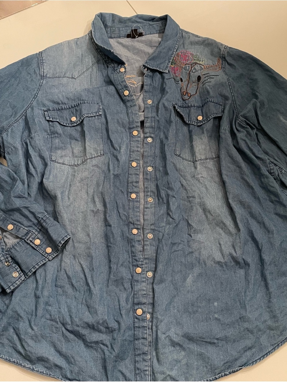 Womens Denim Western Shirt with Embroidered Detail - Blue